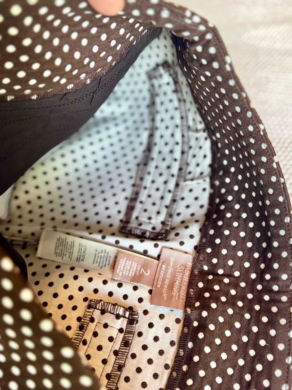 CHICOS Fabulously Slimming Stretch Chocolate Brown White Polka Dot Cropped Pants - Picture 10 of 16